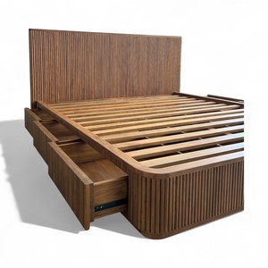 แพลตฟอร์มไม้สักขนาดกลางศตวรรษที่ทันสมัยสำหรับเตียงขนาดควีนไซส์พร้อมลิ้นชักเก็บของร่องหัวเตียงแกะสลักมือไม้ระแนง - Product Image 6