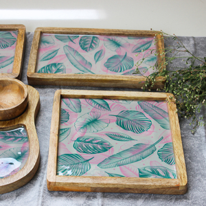 ชุดถาดเสิร์ฟไม้ทำมือ ดีไซน์สวยงาม เป็นมิตรกับสิ่งแวดล้อม ทนทาน ลายใบไม้สีพาสเทล ฐานเรซิ่น เหมาะสำหรับงานแต่งงาน งานดีวาลี และของว่าง - Product Image 4