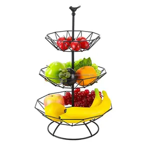 Metal Wire Fruits Storage Three Tiers Basket With Black Powder Coating Finishing Round Shape Bird Design For Serving