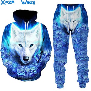 Ensemble de survêtement respirant pour homme avec imprimé loup, 2 pièces, capuche et pantalon, vêtements de sport, jogging personnalisé pour l'hiver, pour les couples sportifs - Product Image 1