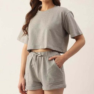 Ensembles 2 pièces pour femmes T-shirts et shorts décontractés Costume d'entraînement Vêtements pour femmes Ensembles shorts pour femmes Ensemble deux pièces 100% coton surdimensionné - Product Image 2