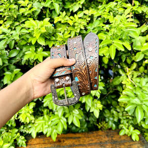 Cinturón de Cuero Genuino con Diseño Paisley Cortado a Láser, Estilo Vaquero Occidental, con Hebilla de Aleación de Zinc, 40 mm de Ancho, Unisex - Product Image 2