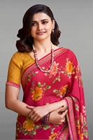 Sari Tradicional Indio para Bodas, Sari de Poliéster con Estampado Floral para Mujer, Rojo con Borde Dorado, Largo hasta el Suelo, para Fiestas