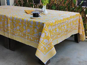 진흙 옐로우 화이트 인디언 핸드 블록 인쇄 면 테이블 천 꽃 잎 인쇄 테이블 커버 면 인도 식탁보 침구