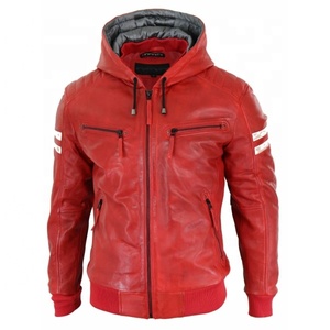 Outclass-Chaqueta Bomber de cuero de alta calidad con capucha, cazadora de motorista de piel de oveja pura roja, perfecta para todas las estaciones, nueva - Product Image 4
