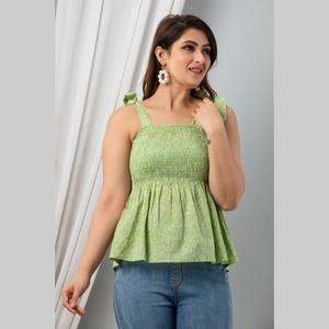 Light Green Cotton Poplin Sleeveless Tank <b>Top</b> with Smocked Detail Printed Design - Product Image 4