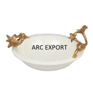 Bol à nourriture en métal et or en laiton blanc avec 2 poignées en forme de feuille design de vaisselle bols de service à soupe à prix abordable - Product Image 1