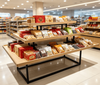 Étagère d'îlot en bois et métal pour supermarché, boulangerie, système d'étagères de vente au détail