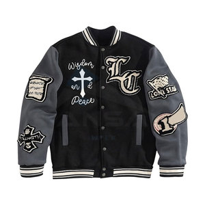 Stylish <b>Men</b> <b>Letter</b> Patched Color Block Varsity <b>Jacket</b> with Long Sleeves Baseball Collar Pocket Design Slight Stretch Fabric - Product Image 1
