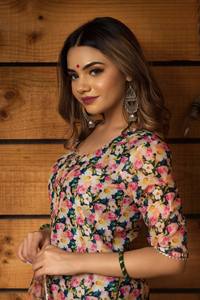 Mogra Modal Chanderi Silk Casual Dress Set Organza Dupatta Half Sleeve Floral Print Natural Embroidery Made Cotton - Product Image 3