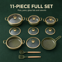 Ensemble de casseroles en céramique avec bordure dorée, 11 pièces, vert moucheté, avec couvercles en verre, cuisine, OEM ODM, vente en gros