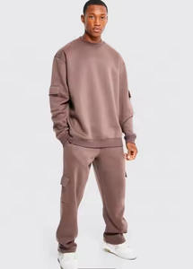 Vente en gros d'ensemble personnalisé hommes 100% coton fermeture éclair col rond sweat pantalons de survêtement longs bouffée imprimé écologique brodé - Product Image 4
