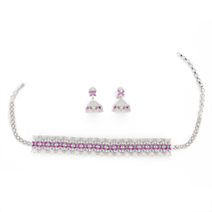 Handmade Luxury American Diamond Rhodium Choker <b>Necklace</b> Set <b>Ruby</b> White Stone for Weddings or Parties - Product Image 1