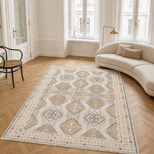 Tapis lavable traditionnel blanc cassé à motifs médaillon profonds Netline Home - Product Image 6
