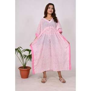 Women's Eco-Friendly 100% Cotton Kaftan Maxi Natural Floral Block Print Lightweight for Summer Beach <b>Cover</b> Everyday Travel-Boho - Product Image 3