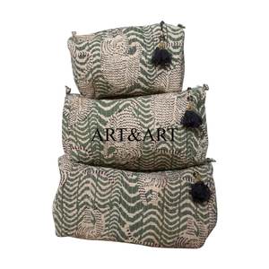 Bohemian Eco-Friendly Cotton <b>Quilted</b> Zipper <b>Makeup</b> <b>Bag</b> Pouch Set Tassel Pattern Water Resistant Lightweight Large Capacity - Product Image 6