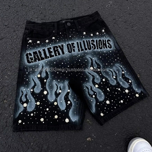 Vintage Acid Wash Black Denim <b>Jean</b> Shorts for Men Oversized Baggy Shorts with Flame Pattern Rhinestone Summer Streetwear - Product Image 5