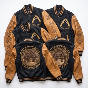 Chaqueta Bomber Varsity de Lana para Fabricación a Granel con Bordado de Estructura de Madera de Catedral, Abrigo Letterman Negro con Mangas de Cuero Beige - Product Image 6