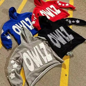 เสื้อมีฮู้ดสีดำแบบสั่งทำผ้าฝ้ายแท้ความยาวประณีตพลอยเทียมถักโพลีเอสเตอร์คุณภาพสูง - Product Image 1