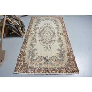 3.9x7.1 ft Eco Friendly Turkish Rug Vintage Moroccan <b>Wool</b> Rug with Patchwork Design and Latex Backing <b>Brown</b> Blue - Product Image 1