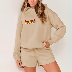 Vente en gros 100% coton 2 pcs sweat à capuche & ensemble court pour femmes poids lourd 500GSM personnalisé DTF logo imprimé ensemble de jogging pour femmes - Product Image 1