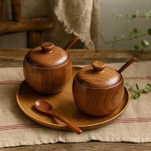 Juego de Tarros de Especias de Madera de Jujube de Lujo con Tapa y Cuchara, Recipientes Redondos para Guardar Sal, Azúcar y Condimentos de Cocina, Ollas Decorativas para Servir - Product Image 5