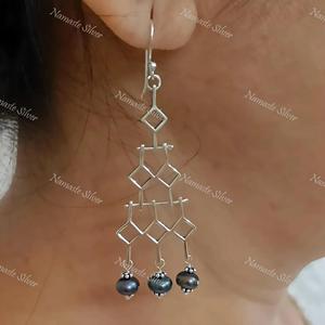 Handmade Sterling Silver <b>Grey</b> <b>Pearl</b> Dangle <b>Earrings</b>, Geometric Design - Product Image 5