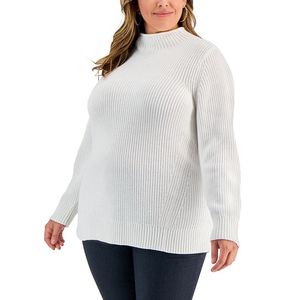 Maglione da donna Karen Scott in cotone a costine con collo alto, taglia plus, bianco, taglia 1X - Product Image 1