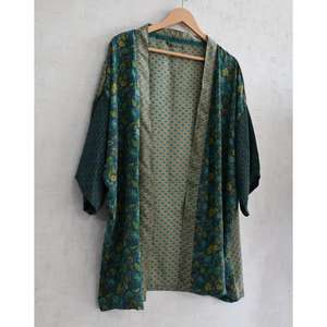 Kimono Informal de Seda con Estampado Indio Hecho a Mano, Talla Grande, Estilo Bohemio, con Parches, Cuello en V, Transpirable, Largo hasta la Rodilla - Product Image 2