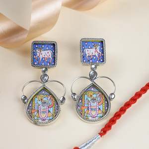 92.5 Sterling <b>Silver</b> Women's Hastakala Pichwai Handpainted Fine Jewelry <b>Set</b> for Religious Ceremonies Includes <b>Necklace</b> Earrings - Product Image 4