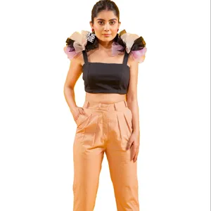 "Black Ruffled Shoulder Drama Top With Tan Trousers Set Best Quality High Finishing Product Women Two Piece Top Trousers Set