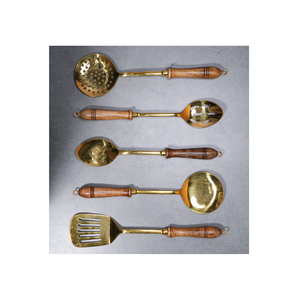Cuillère de cuisson en laiton Spatule et cuillère de service 2 pièces Manche en bois poli or Tarifs abordables - Product Image 5