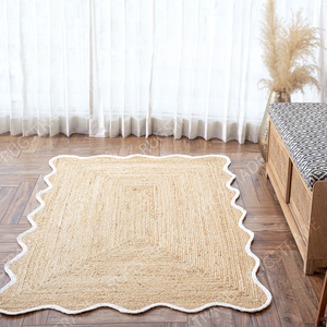 Tapis moderne en jute naturel tressé à la main de couleur unie avec bord festonné et bordure blanche pour usage domestique - Product Image 1