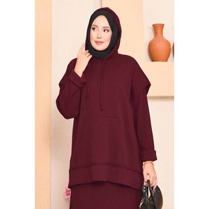Burgundy Hooded Sweater and Two-Piece Dress <b>Set</b> with Breathable Hijab Detail Elegant and Comfortable Outfit - Product Image 5