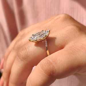Elongated Marquise Lab Grown Diamond Solitaire <b>Ring</b> with Diamond Pave Band in 14K Yellow Gold Modern Bridal Wedding Fine Jewelry - Product Image 3