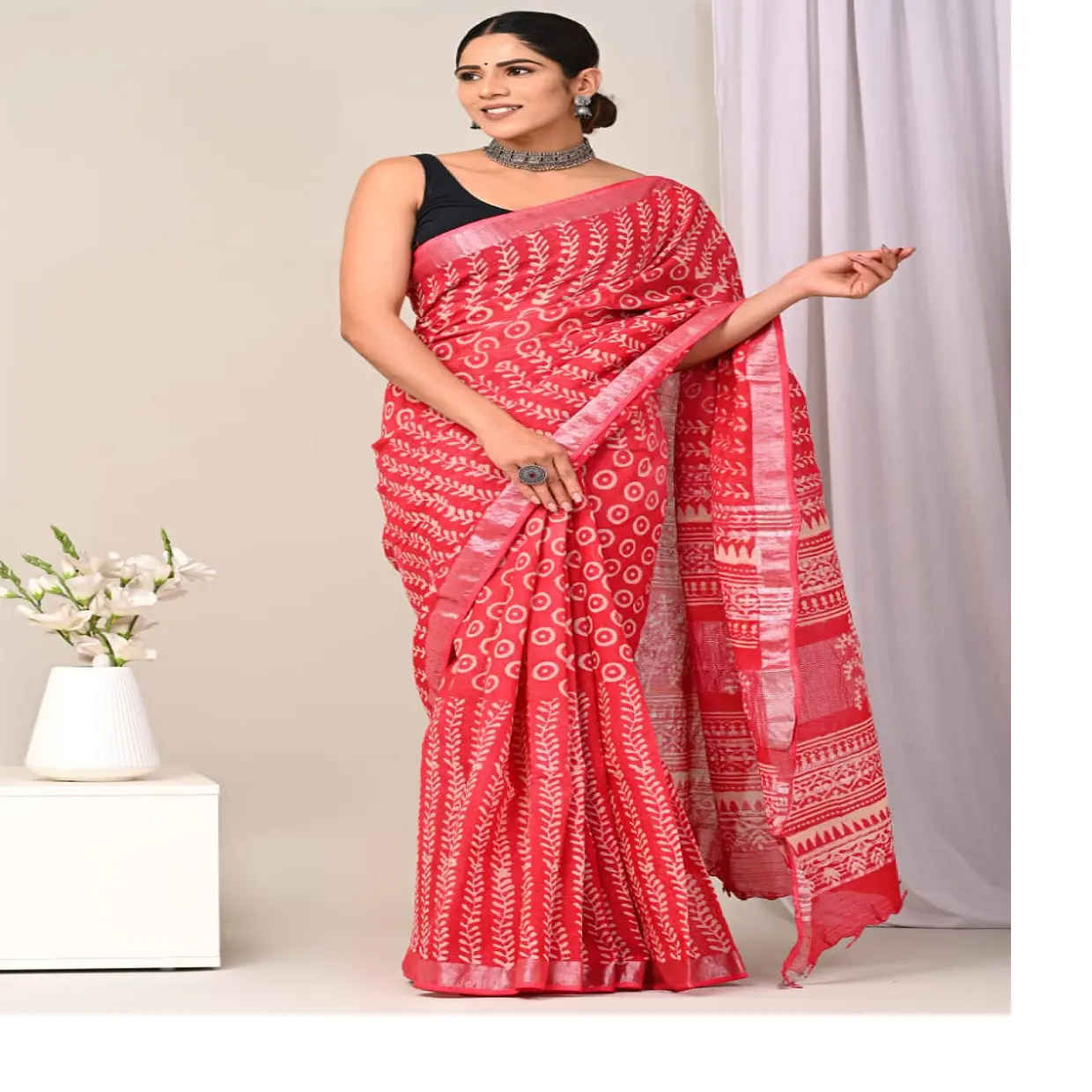 Custom made hand blocked printed 100 % linen sarees for women of all ages in fern leaf design in vibrant red & white colour