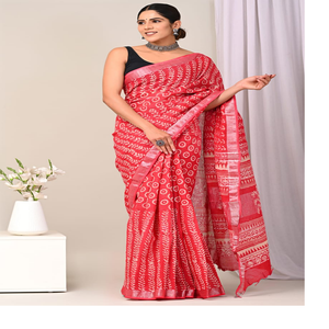 Sarees de Satén Hechos a Mano y Ecológicos, Personalizados para Mujeres Adultas, con Diseño de Hoja de Helecho, en Rojo y Blanco Vibrantes, para Fiestas - Product Image 1