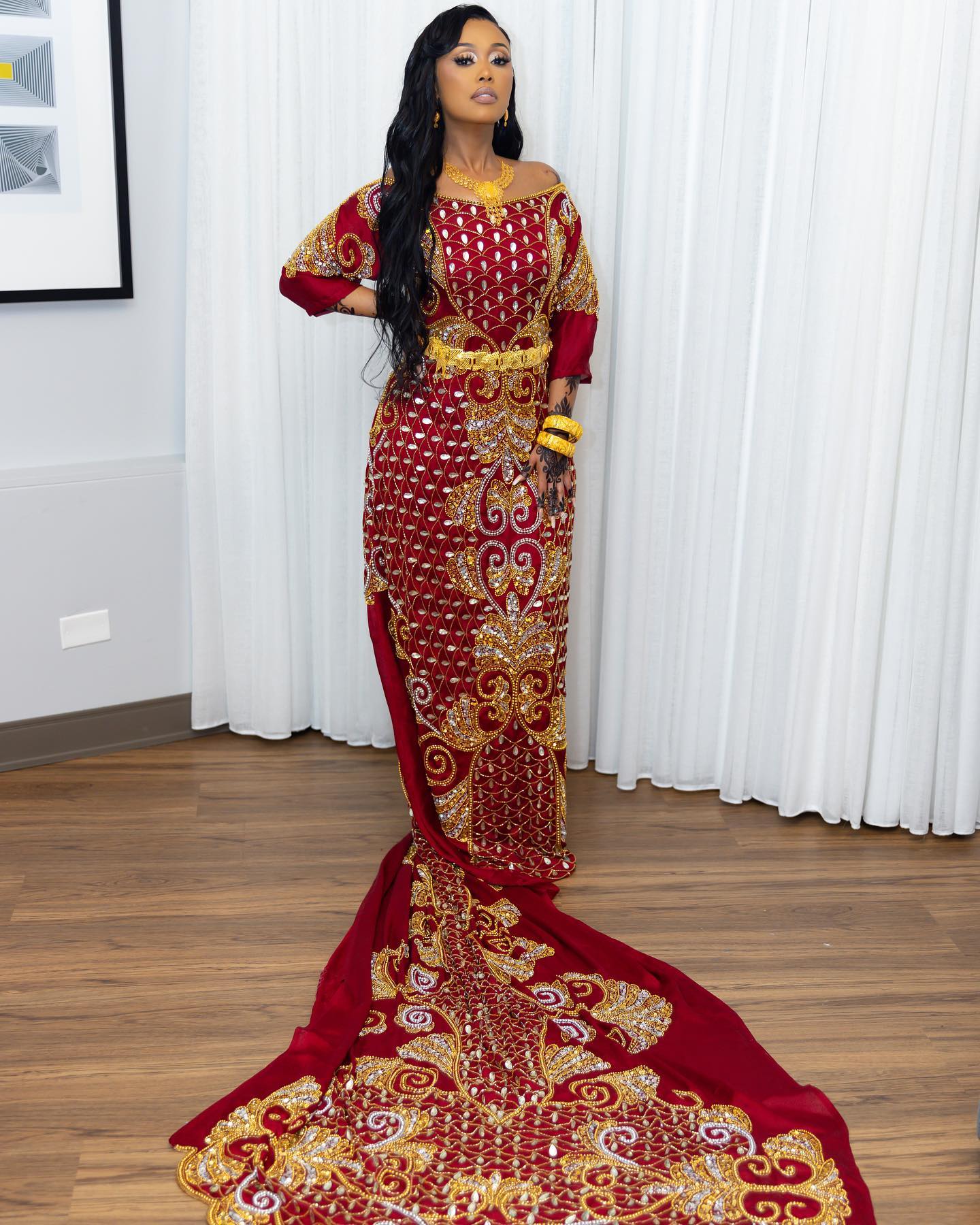 Traditional Somali Satin Silk Beaded Bridal Dress with Lace Decorations   Perfect for Evening Wear in Red & Gold