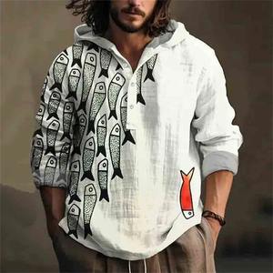 Nouveaux hommes à capuche mode simple bambou lin printemps et automne polyvalent art créatif imprimer petit poisson chemise hommes hauts - Product Image 6
