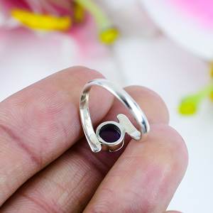 Sterling Silver Amethyst Solitaire <b>Ring</b> Round Purple Cabochon Minimalist Open Band Gemstone Jewelry For <b>Women</b> - Product Image 2