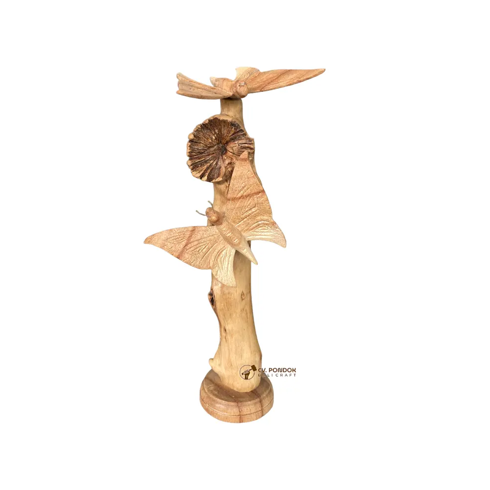 Wooden Butterfly Couple Sculpture Art Figurine With Parasite Wood Base Standing For Table Top Decoration