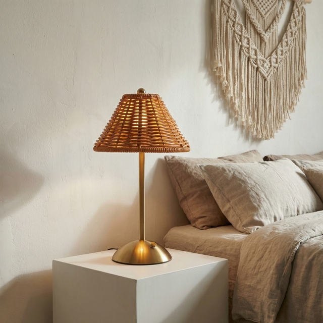 Rattan Table Lamp Shade, Cordless Battery-Powered Floor Lamp, Low-Voltage Output, Standing Lamp for Home and Hotel Decor