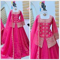 Ensemble Choli Dupatta Indien et Pakistanais pour Filles, Glamour pour Fêtes de Mariage Estivales, avec Broderie et Paillettes, en Soie Scintillante, Longueur Cheville