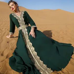 Muslim Ladies Vintage Style Embroidery Lace Abaya Dress Middle East Arab Dubai Islamic Women Classic Dark Green Abaya Dress