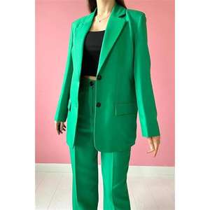 Conjunto de Chaqueta y Pantalones de Satén con Doble Botonadura y Decoración de Botones Verdes al por Mayor - Product Image 2