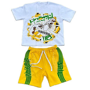 ชุดวอร์มสั้นผ้าฝ้ายทรงหลวมของผู้ชายชุดวอร์มสั้นพร้อมดีไซน์พลอยเทียมด้านหน้าและกางเกงขาสั้นแบบปรับแต่งได้ง่าย - Product Image 4