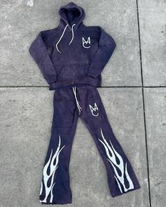 Conjunto de sudadera y pantalones de chándal de invierno 100% algodón suelto de lujo con lavado de diamantes de imitación ácido personalizado para hombre - Product Image 1