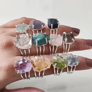 Bague pour femme en pierre brute, turquoise naturelle, tourmaline, aquamarine, pierre précieuse, bijoux statement, bague en argent sterling 925 - Product Image 3