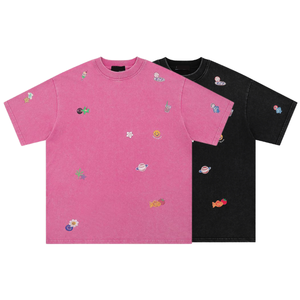 Retro Streetwear camiseta suelta Fit manga corta bordado lindo patrón Casual moda camiseta para hombres mujeres uso diario al por mayor - Product Image 1