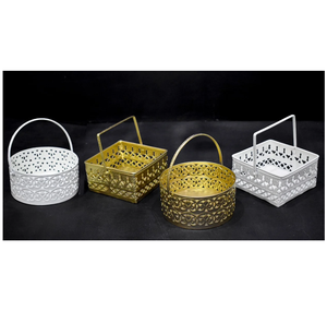 AK Brass Round & Square Laser Cut Metal Hamper <b>Basket</b> with Handle in White Finished Set of 2 For Festival <b>Gifting</b> / Table Decor - Product Image 2